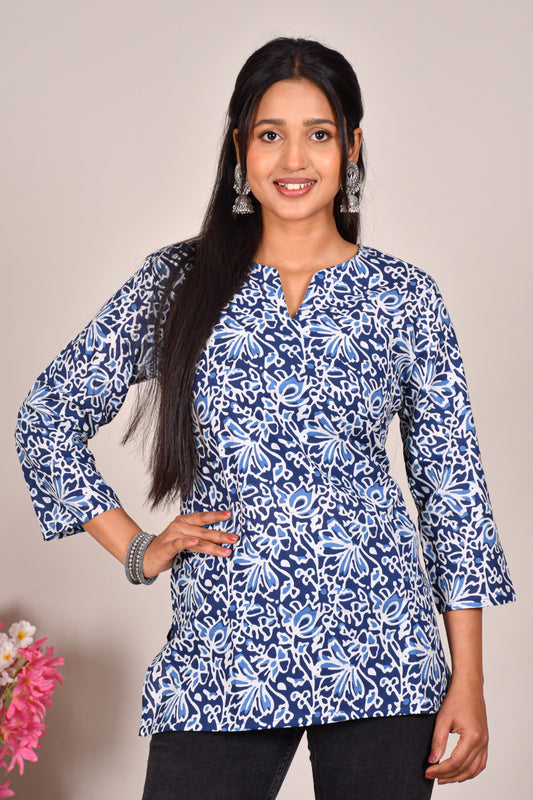 Blue Floral Printed Cotton Top for Women – Casual Ethnic 3/4 Sleeve Top