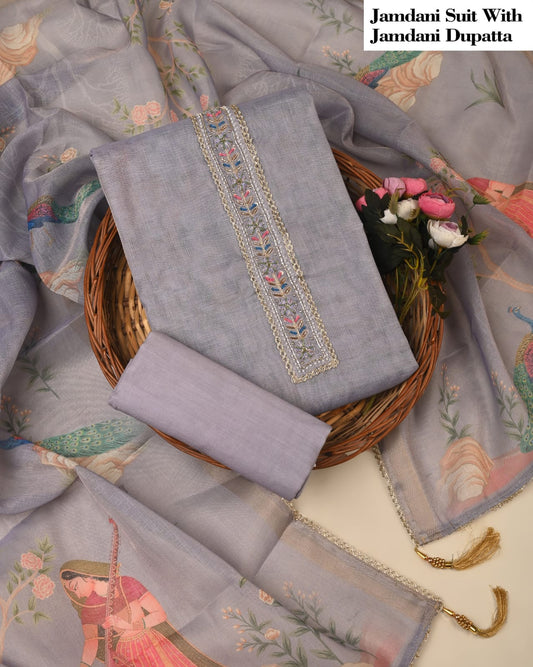 Grey Jamdani Embroidered Unstitched Suit with Jamdani Dupatta – Premium Ladies Wear