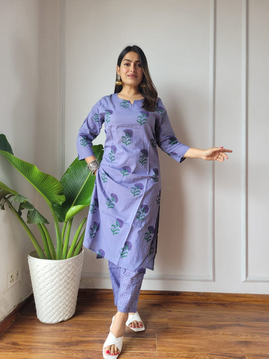 Lavender Printed Cotton Kurti Pant Set for Women | Summer Ethnic Wear
