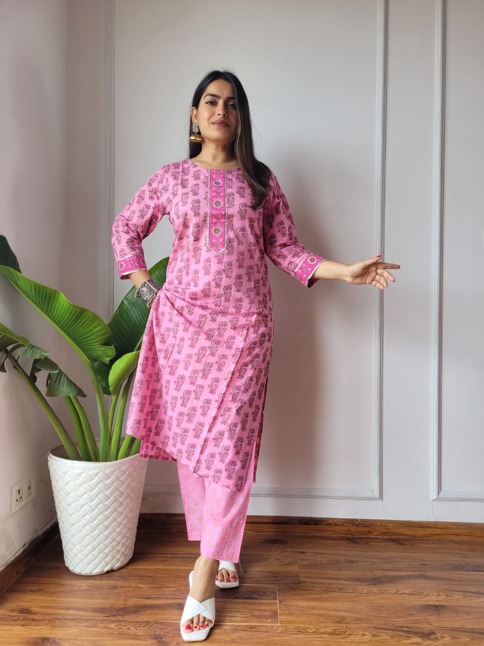 Pink Printed Cotton Kurti Pant Set for Women | Stylish Ethnic Wear