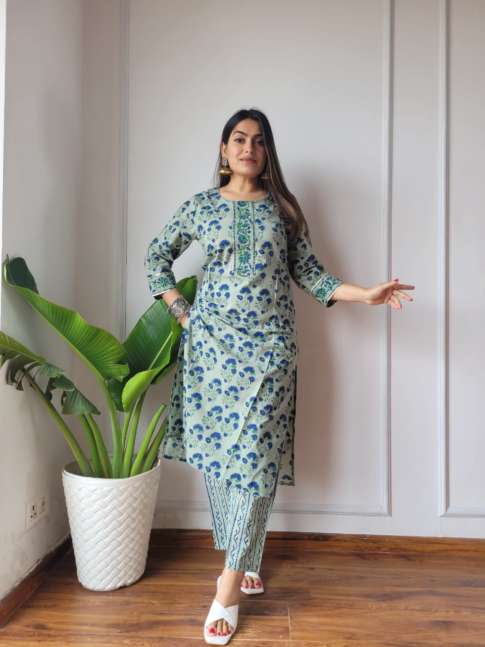 Green Floral Cotton Kurti Pant Set for Women | Casual Ethnic Outfit