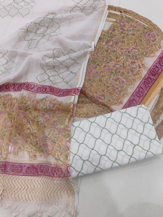 Cream & Mustard Printed kota doriya Suit Set (MVFKO09)