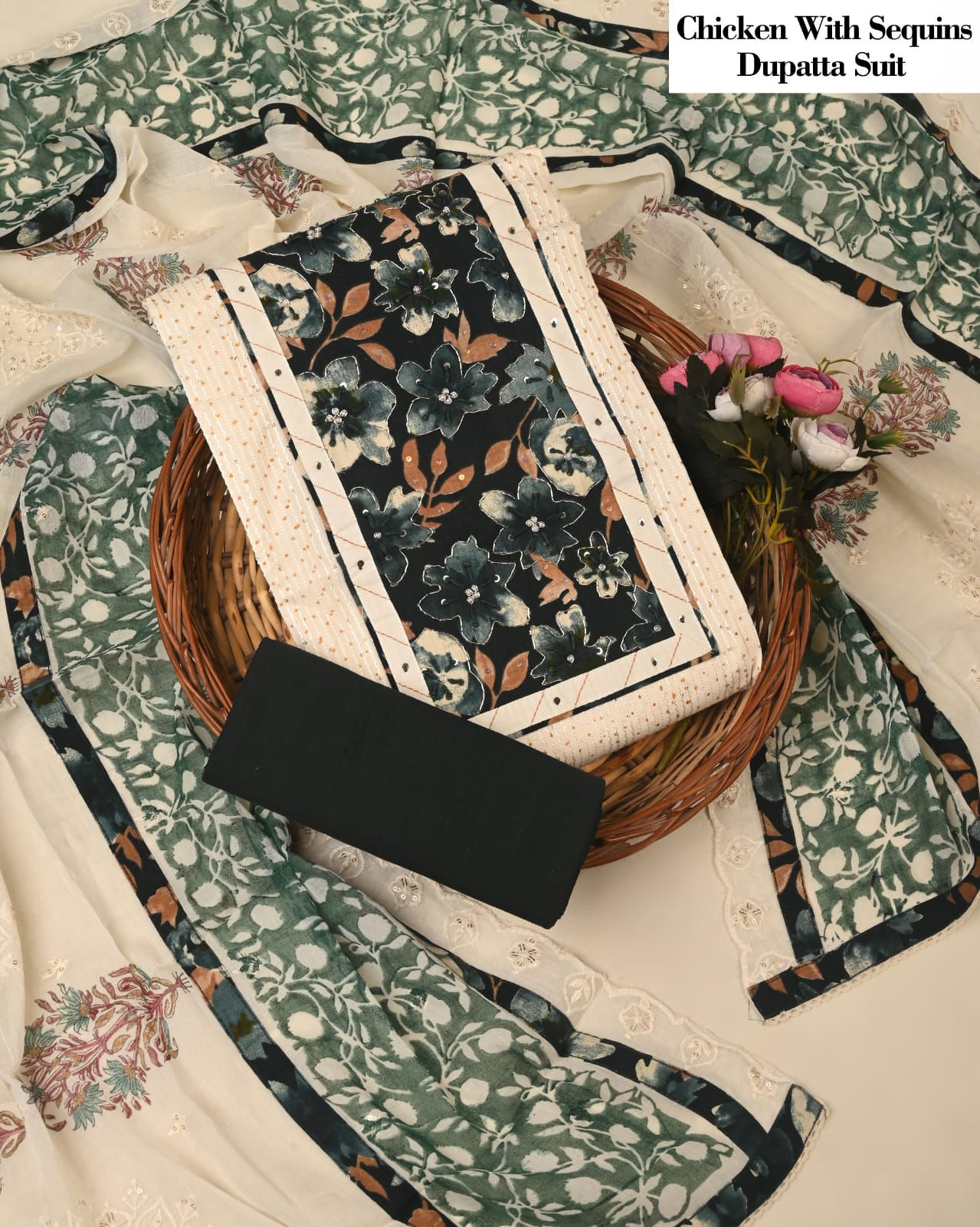 Black Green Chicken Embroidered Suit with Sequins Dupatta – Designer Unstitched Dress Material