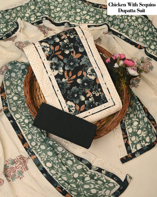 Black Green Chicken Embroidered Suit with Sequins Dupatta – Designer Unstitched Dress Material