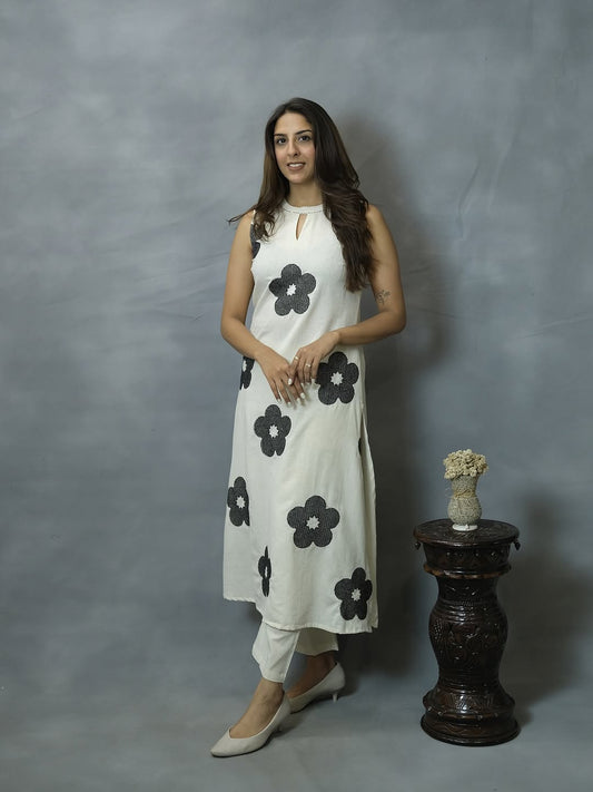 White Floral Print Straight Kurti Pant Set