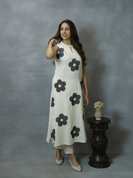 White Floral Print Straight Kurti Pant Set