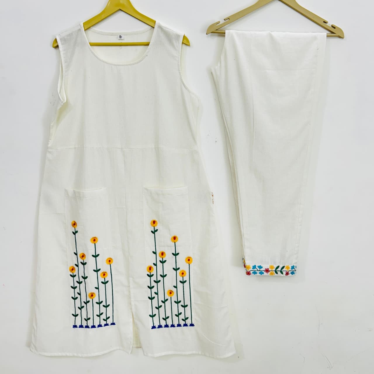 Cream Embroidered A-Line Kurti Pant Set