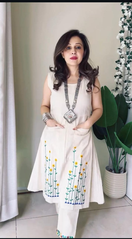 Cream Embroidered A-Line Kurti Pant Set