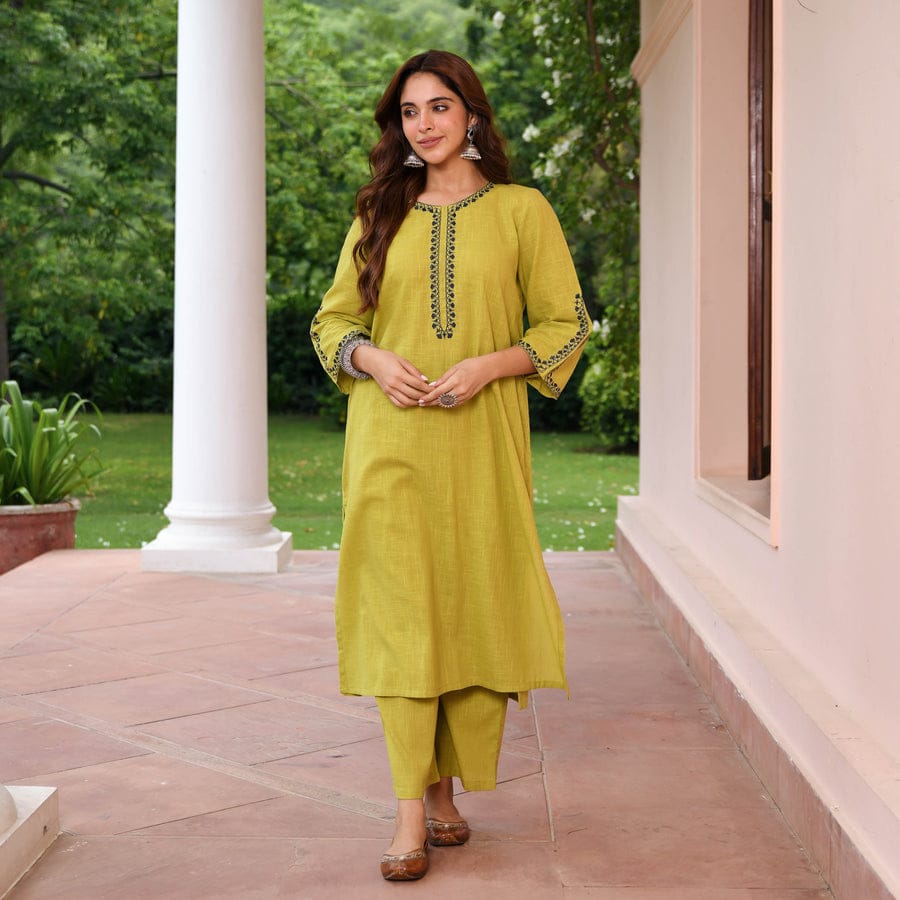 Mustard Embroidered Straight Kurti Pant Set