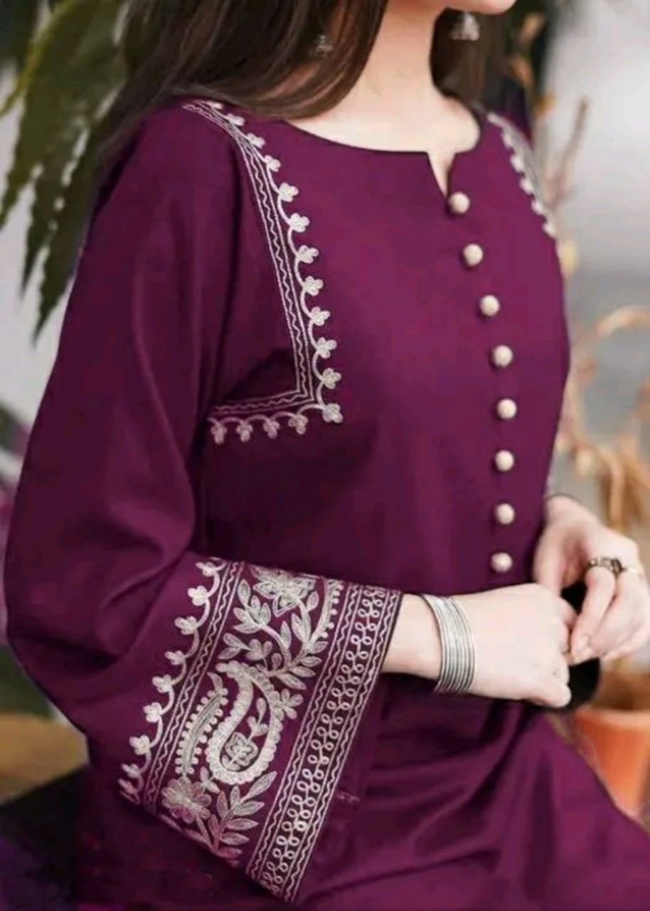 Purple Embroidered Kurti Pant Set