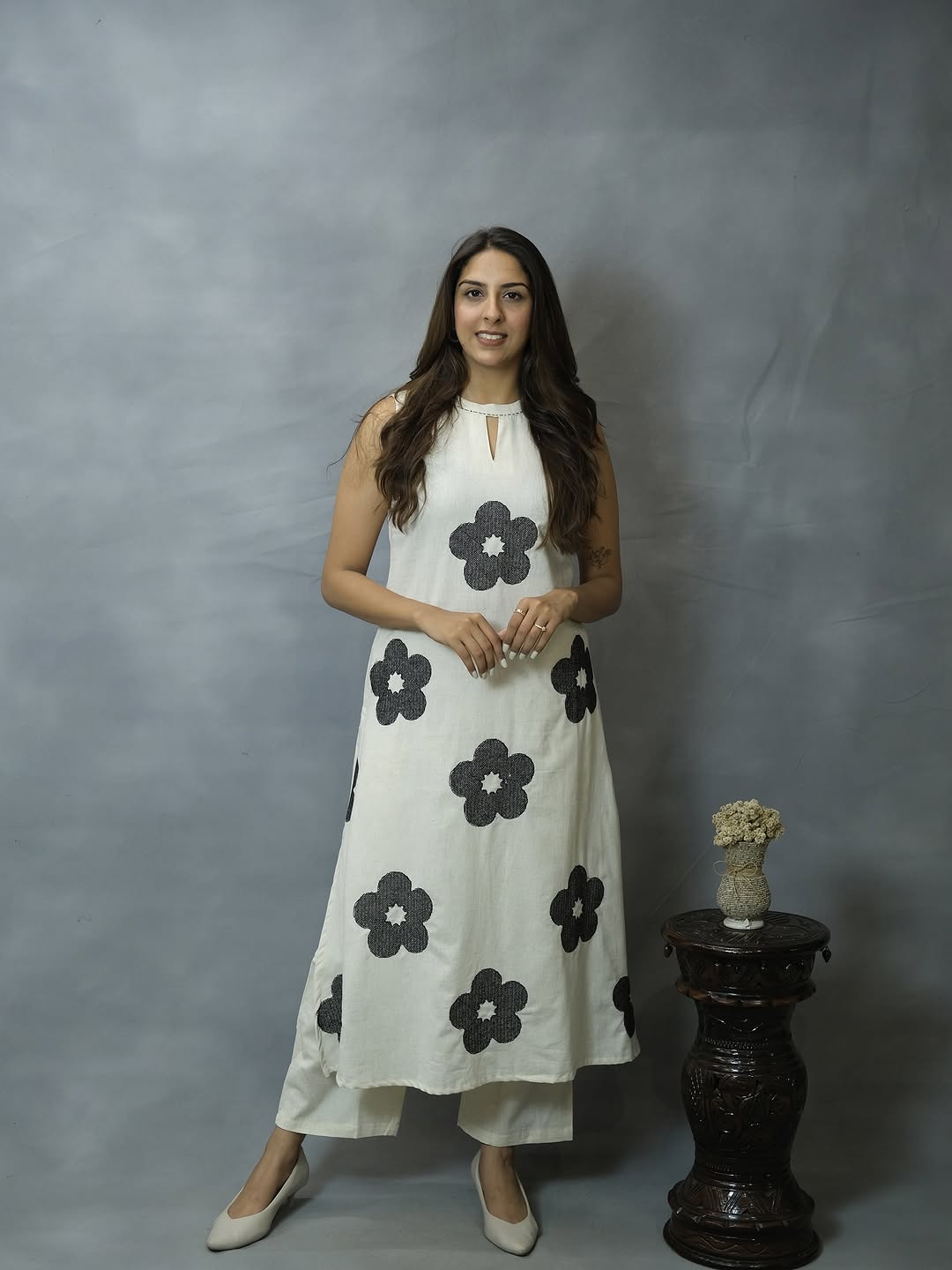 White Floral Print Straight Kurti Pant Set