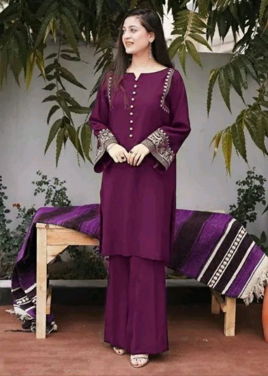 Purple Embroidered Kurti Pant Set