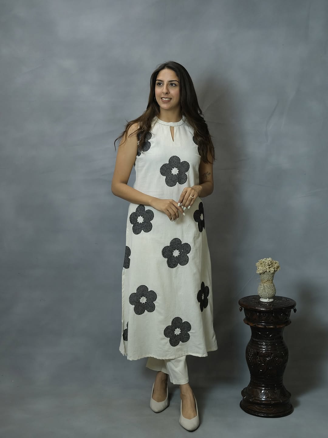 White Floral Print Straight Kurti Pant Set