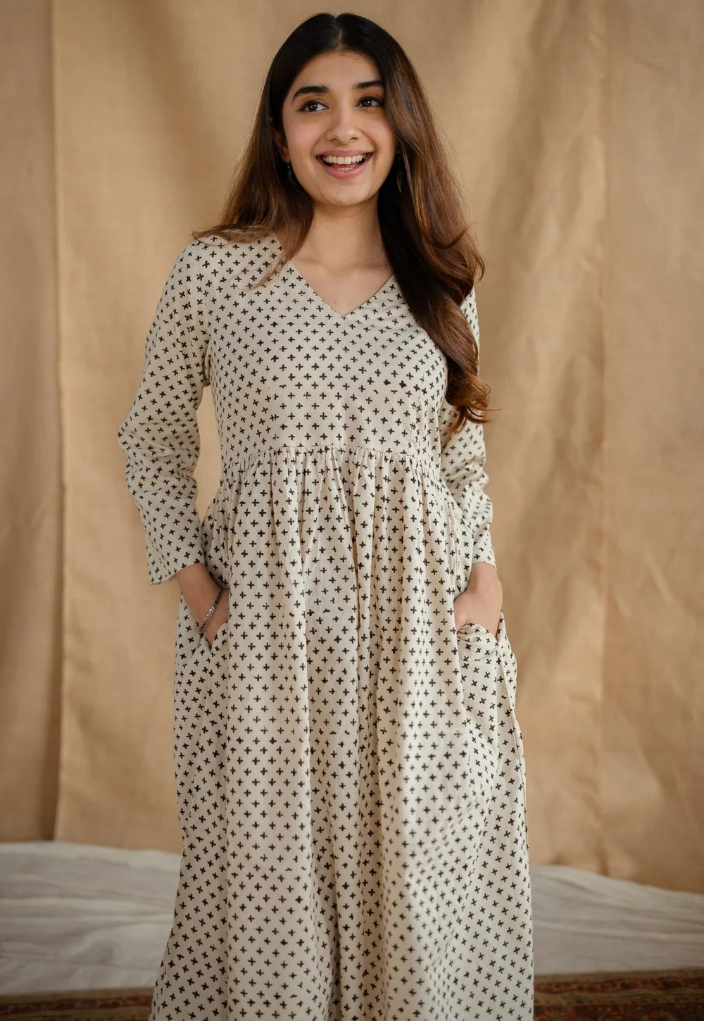Beige Printed Long Ethnic Dress