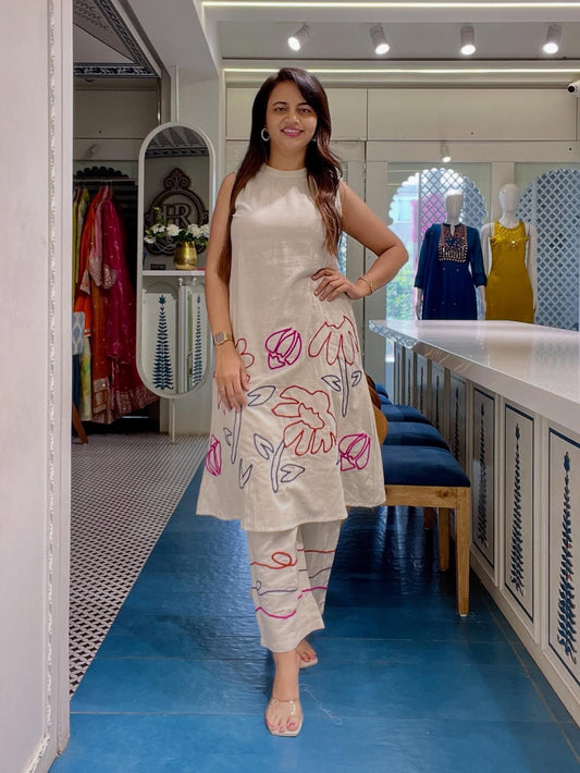 Beige Designer Kurti Pant Set for Women | Premium Summer Ethnic Wear India