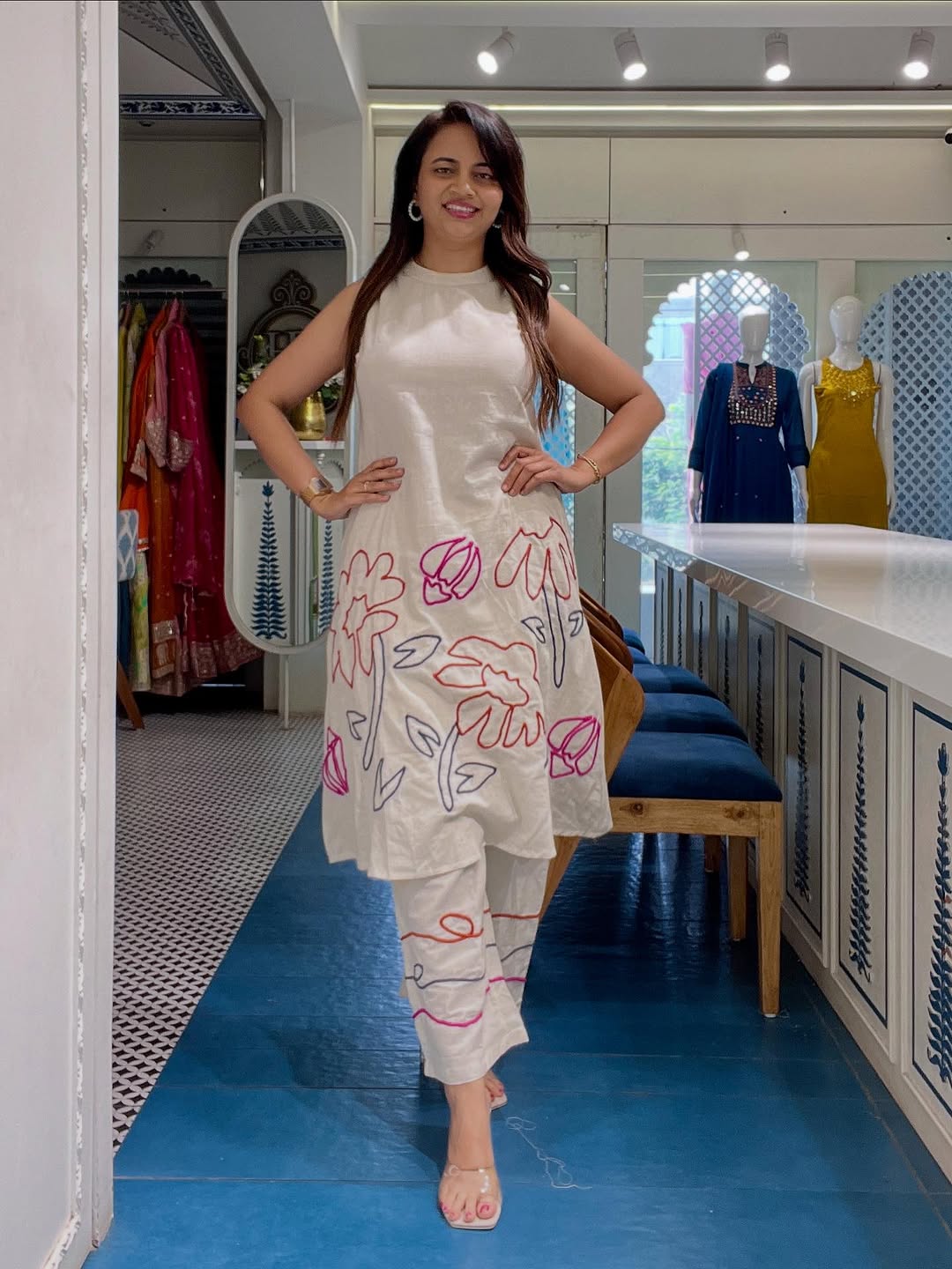 Beige Designer Kurti Pant Set for Women | Premium Summer Ethnic Wear India