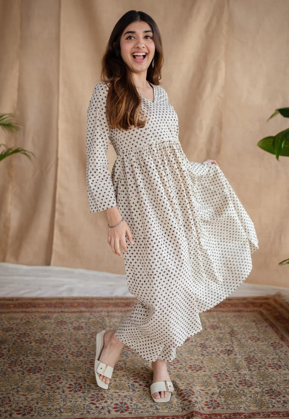 Beige Printed Long Ethnic Dress