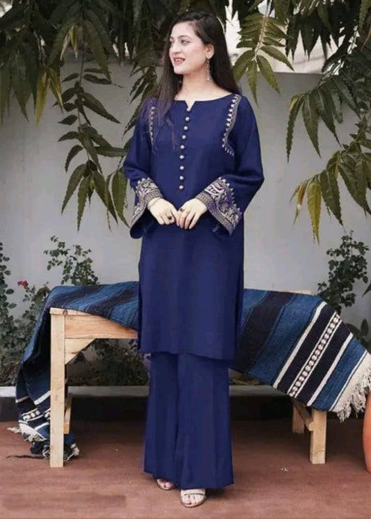 Navy Blue Embroidered Kurti Pant Set for Women | Designer Ethnic Wear Online