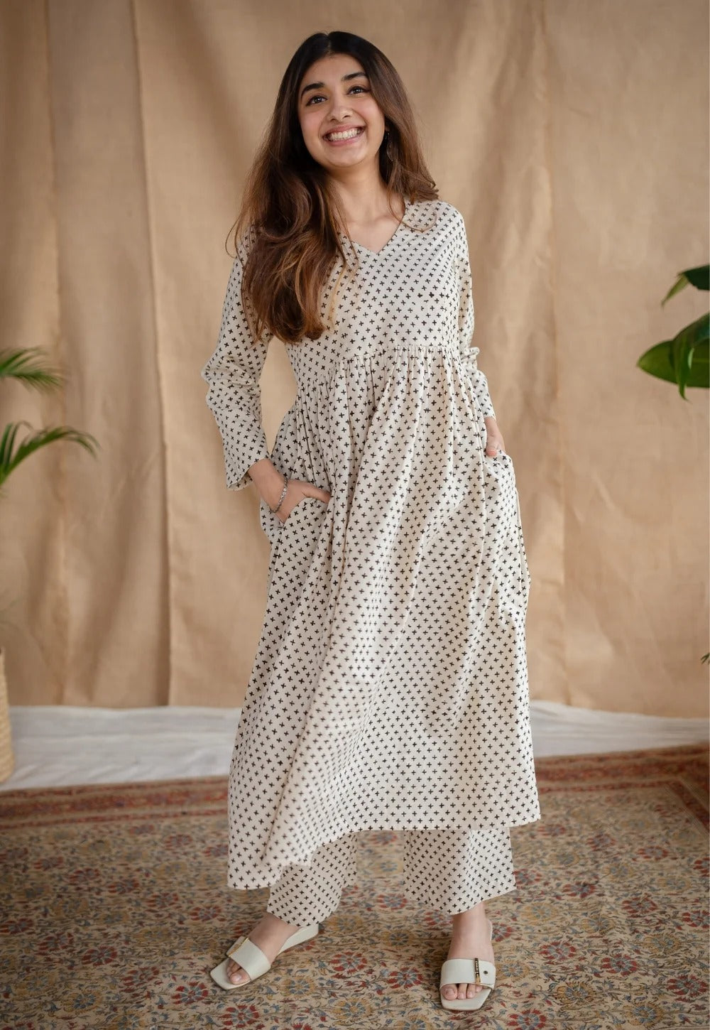 Beige Printed Long Ethnic Dress