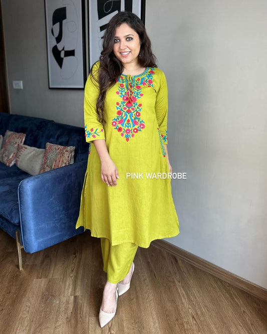 Lime Green Embroidered Kurti Pant Set for Women | Festive Cotton Ethnic Wear