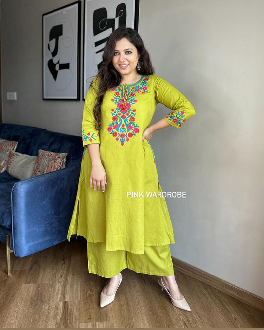 Lime Green Embroidered Kurti Pant Set for Women | Festive Cotton Ethnic Wear