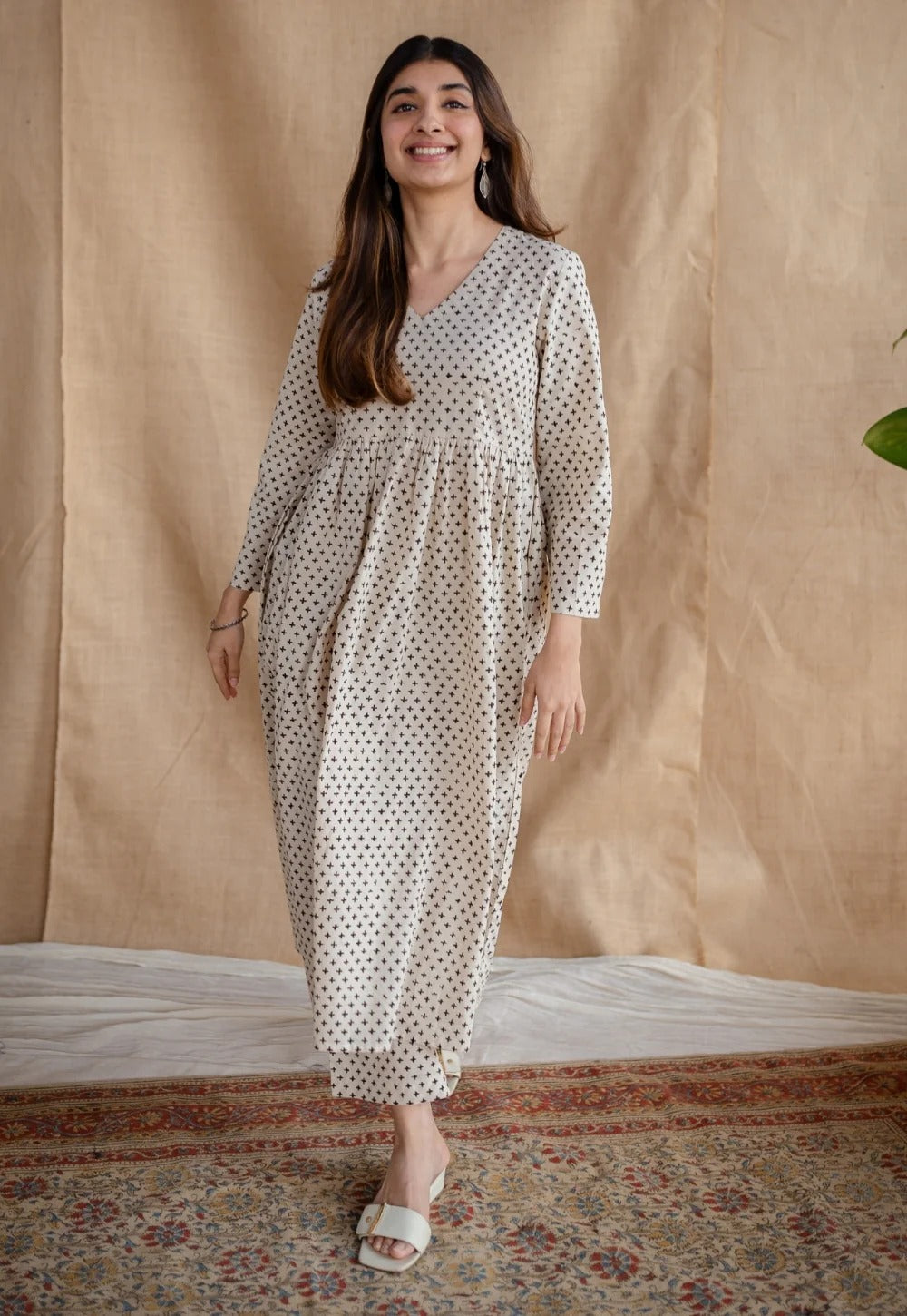 Beige Printed Long Ethnic Dress