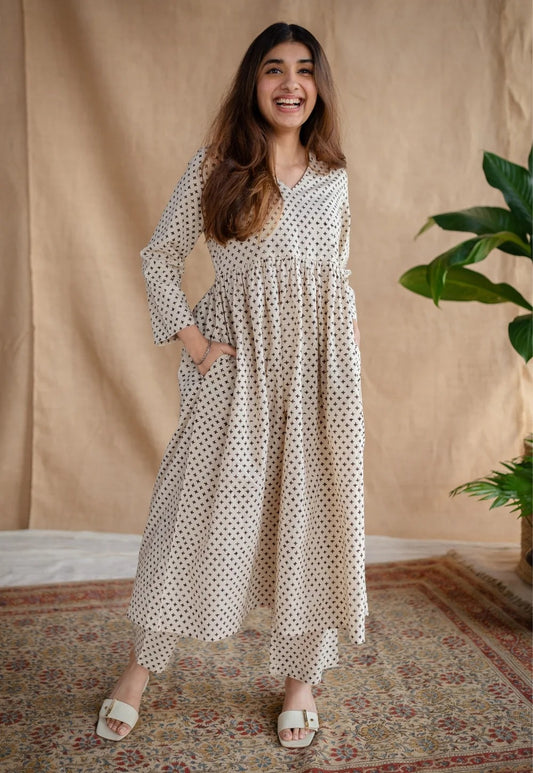 Beige Printed Long Ethnic Dress