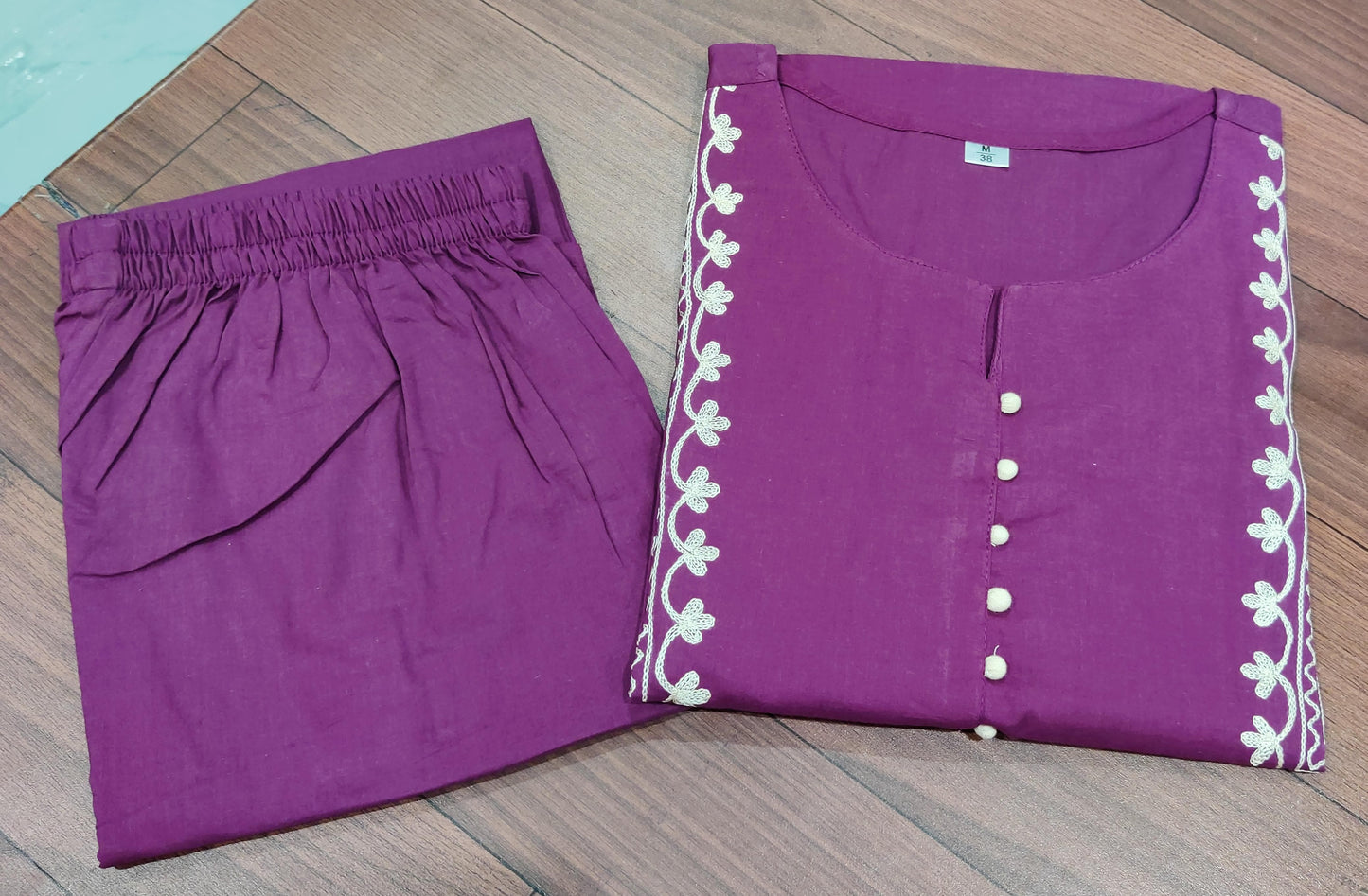 Purple Embroidered Kurti Pant Set
