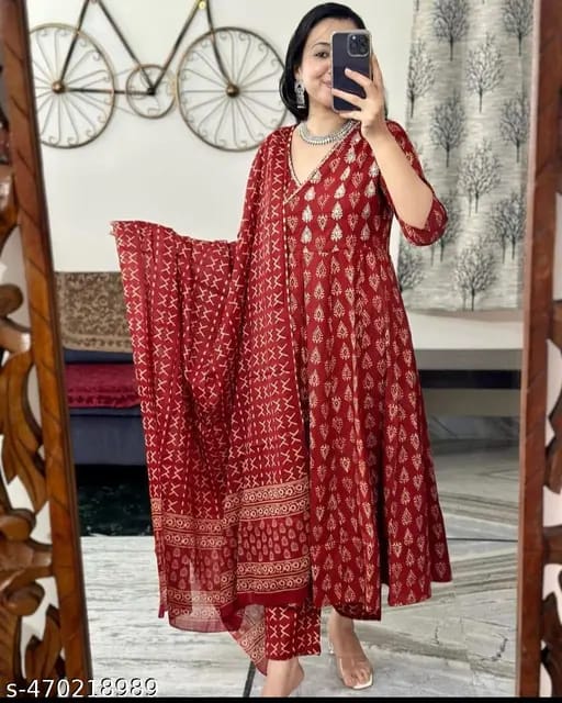 Red Cotton Suit with Cotton Dupatta