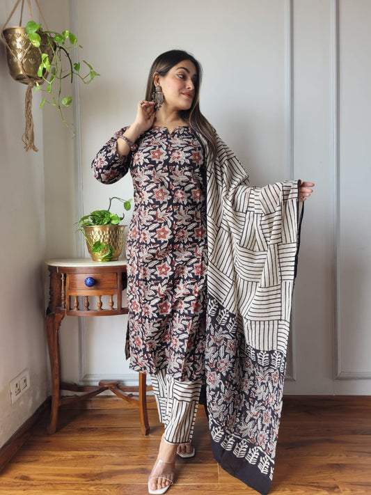 Black Floral Cotton Suit with Printed Dupatta for Women