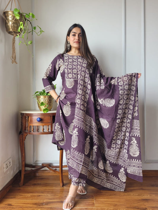 Purple Printed Cotton Suit Set with Dupatta for Women