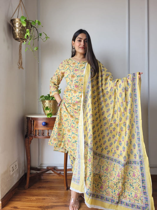 Yellow Floral Cotton Suit Set with Dupatta for Women