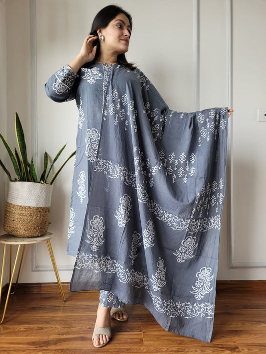 Grey Printed Cotton Suit with Dupatta