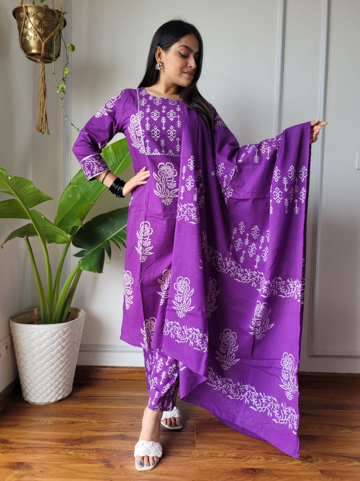 Purple Printed Cotton Suit with Dupatta for Women