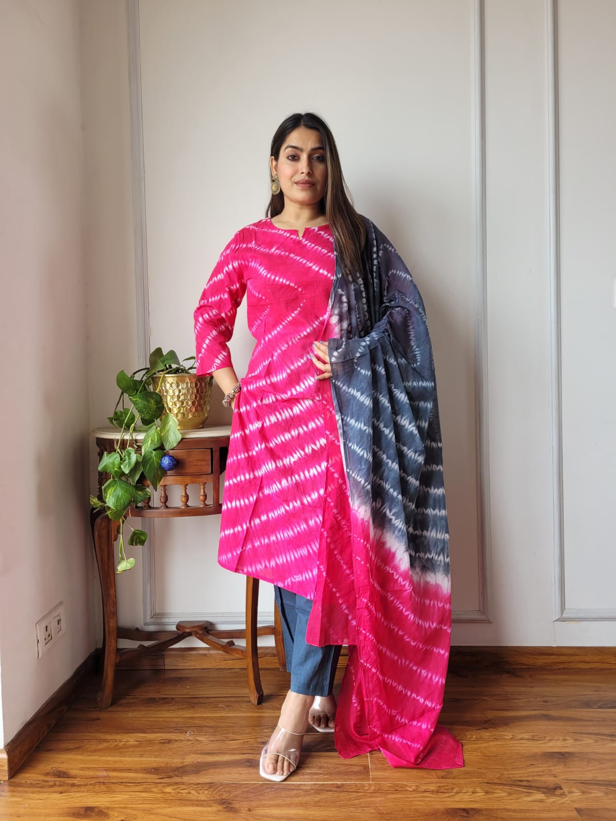 Pink Tie Dye Cotton Suit Set with Dupatta