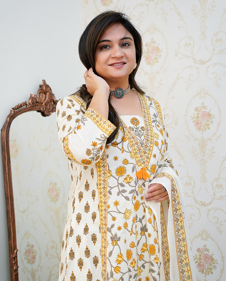 Yellow Floral Printed Cotton Suit Set with Dupatta
