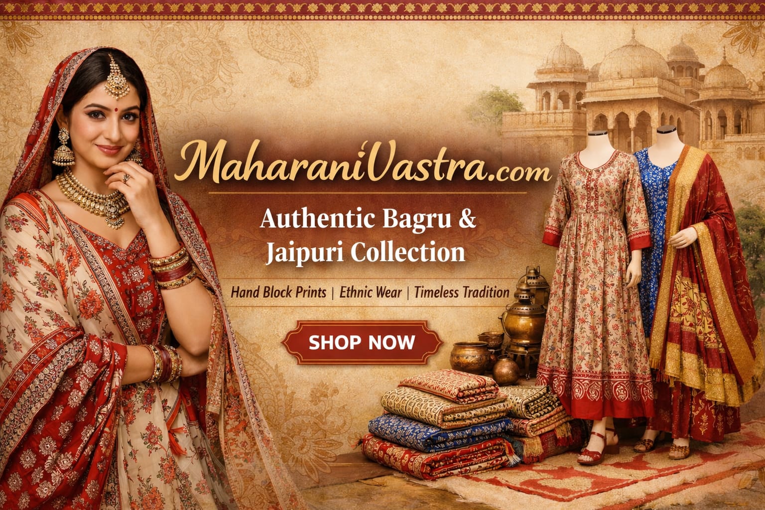 Advertisement for Maharani Vastra.com featuring traditional attire and text about their collection.