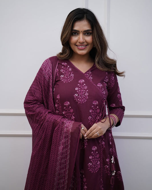 Wine / Maroon Cotton Suit with Cotton Dupatta