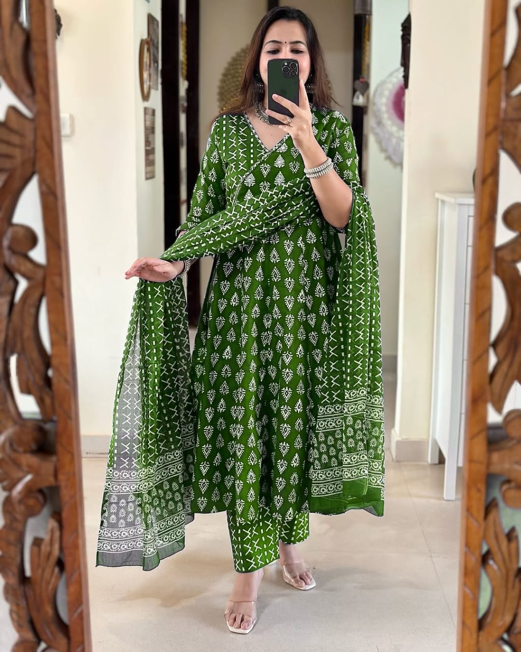 Green Cotton Anarkali Suit with Cotton Dupatta
