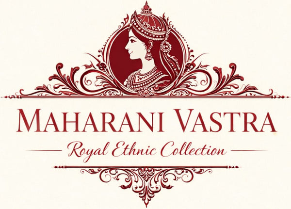 Logo of Maharani Vastra with decorative elements and text on a white background