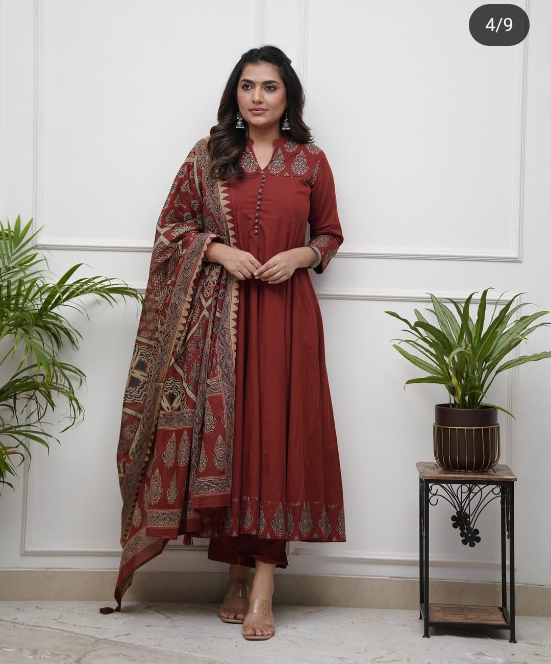 Maroon Cotton Angrakha Anarkali Suit