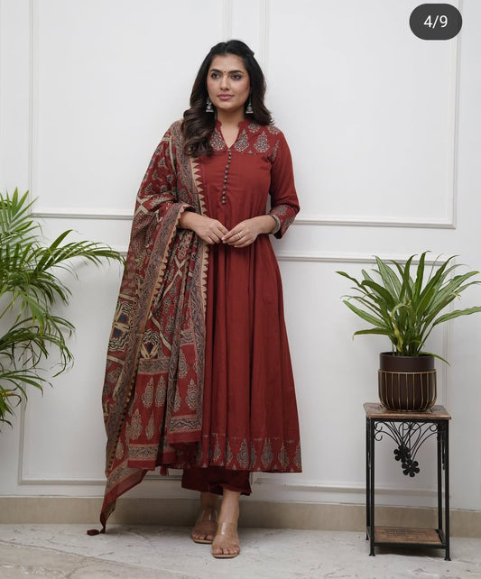 Maroon Cotton Angrakha Anarkali Suit