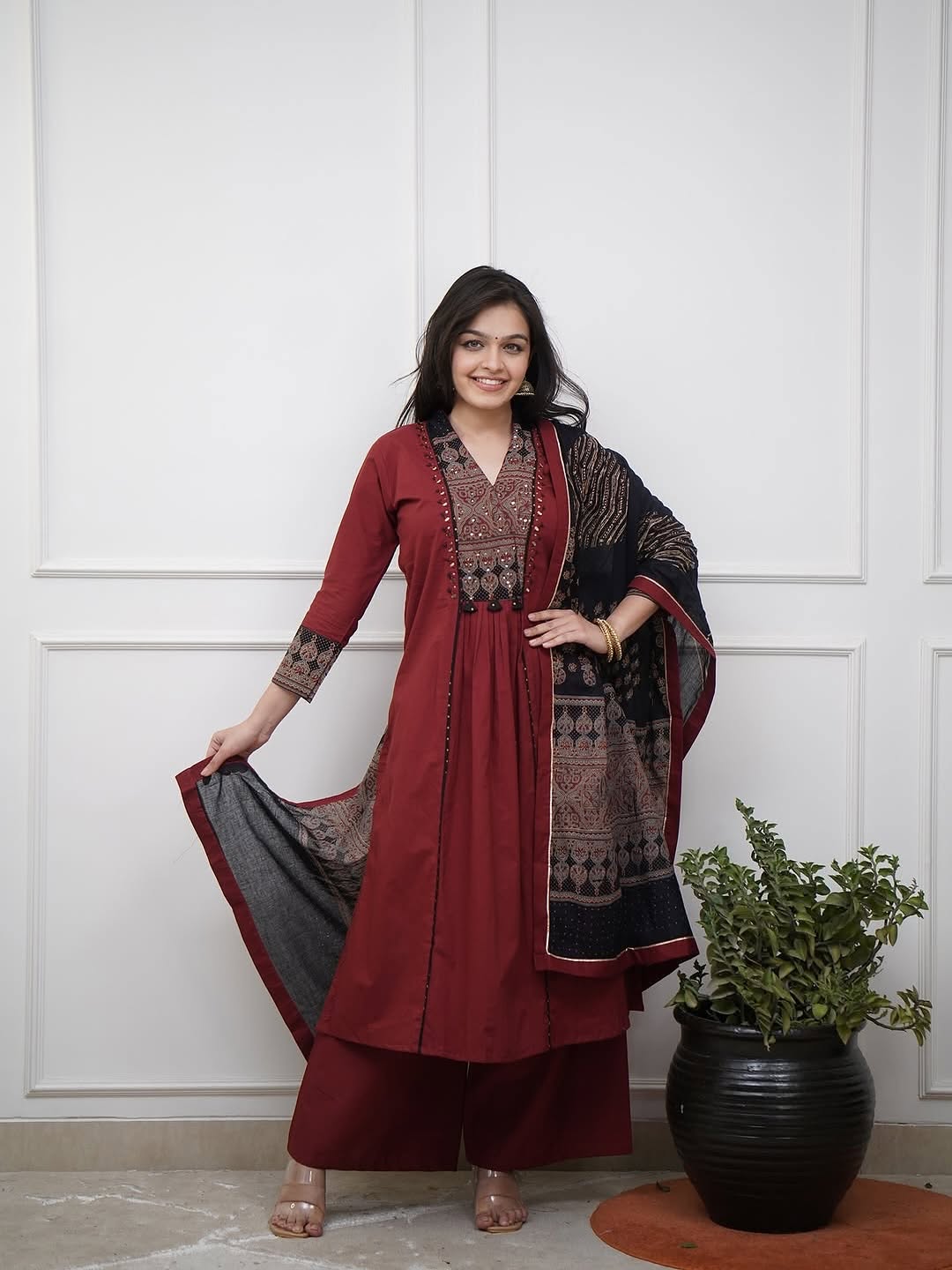 Maroon Cotton Kurta Pant Set with Printed Dupatta for Women | Festive Ethnic Wear