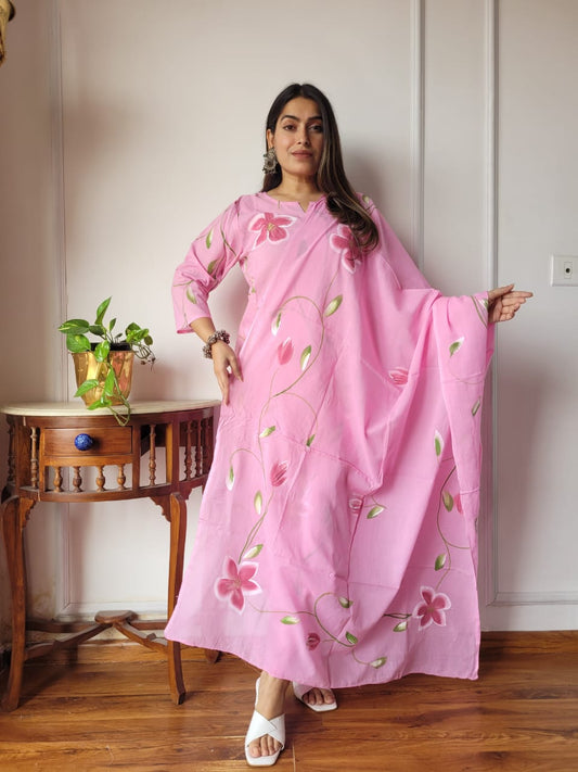 Pink Floral Cotton Suit with Cotton Dupatta