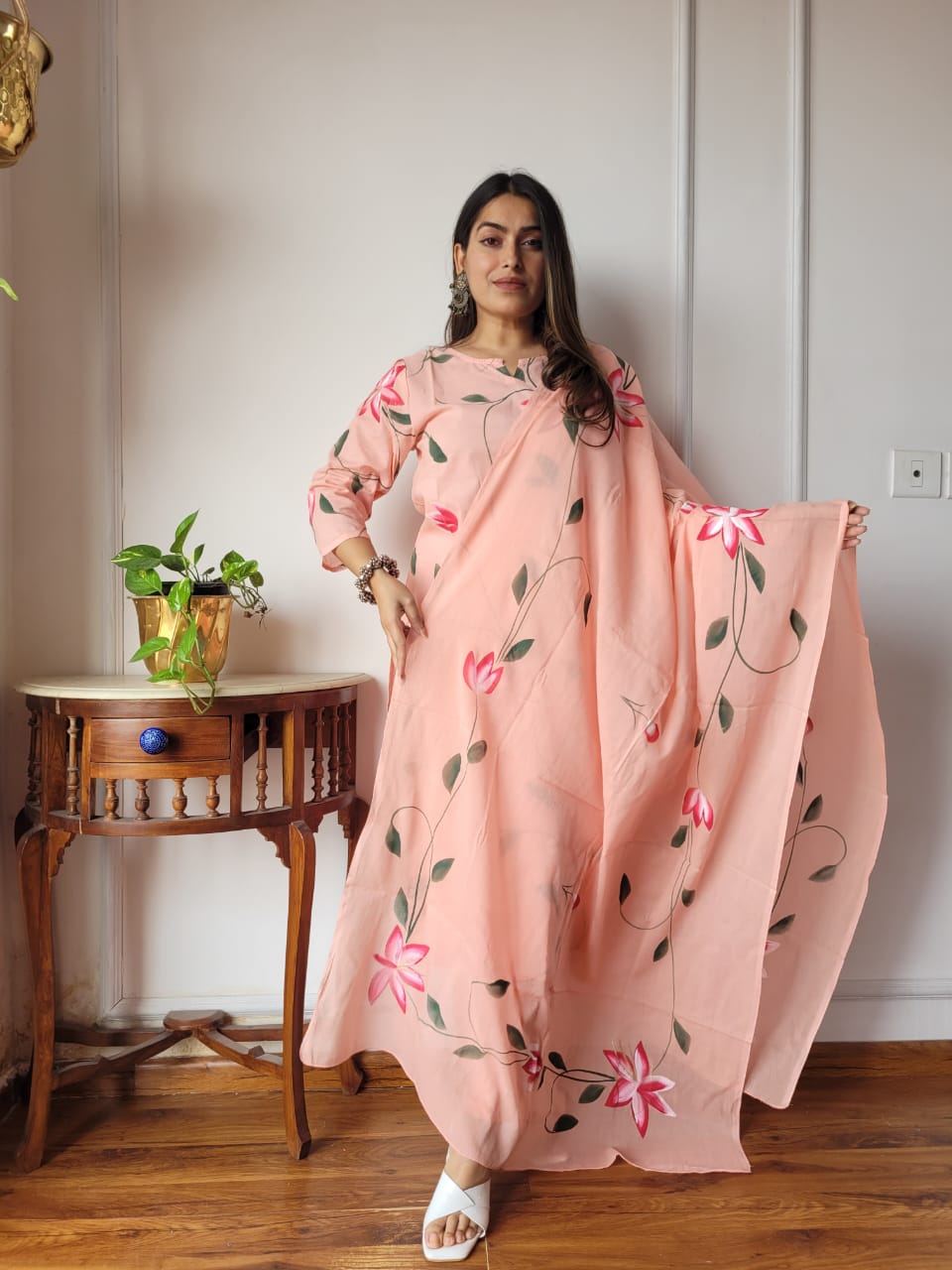 Peach Floral Cotton Suit with Cotton Dupatta for Women