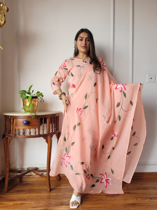 Peach Floral Cotton Suit with Cotton Dupatta for Women