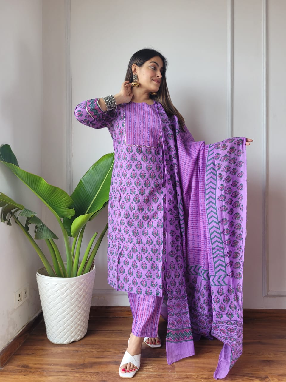 Purple Printed Cotton Suit with Dupatta
