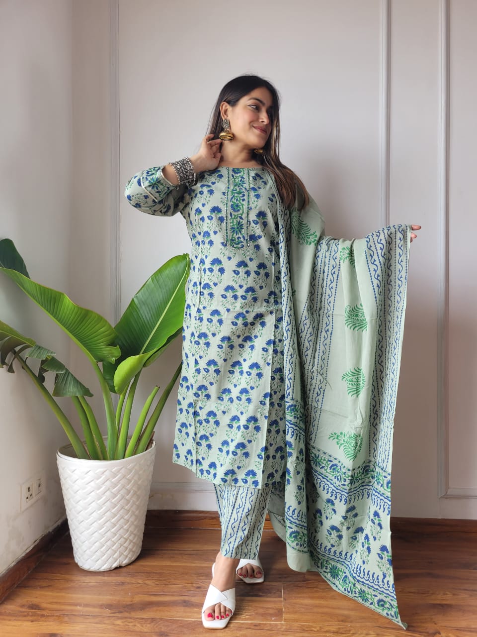 Mint Green Cotton Suit with Printed Dupatta