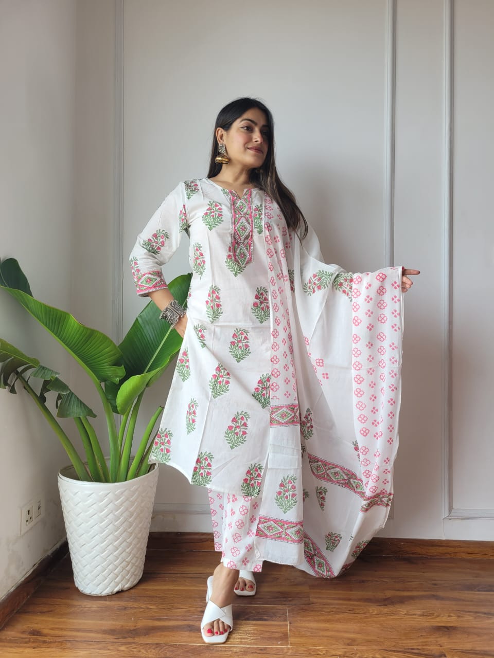 White Pink Cotton Suit with Printed Dupatta for Women