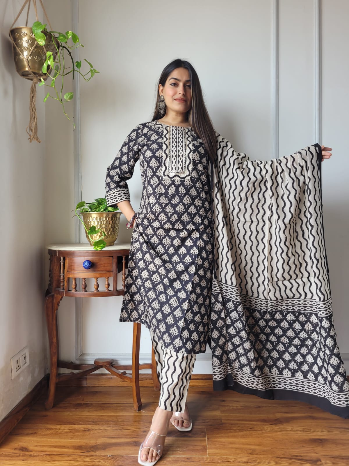Black White Cotton Printed Suit with Dupatta